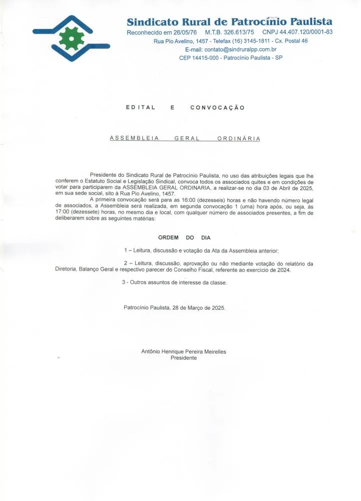 Edital e convocação Assembleia Geral Extraordinária - Sindicato Rural de Patrocínio Paulista