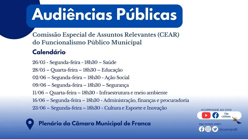 Comissão da Câmara de Franca define calendário de audiências públicas para discutir condições de trabalho dos servidores