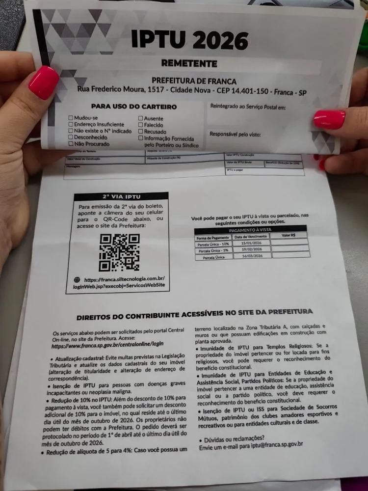 Distribuição dos boletos do IPTU 2026 em Franca começa nesta sexta-feira, 2 de janeiro
