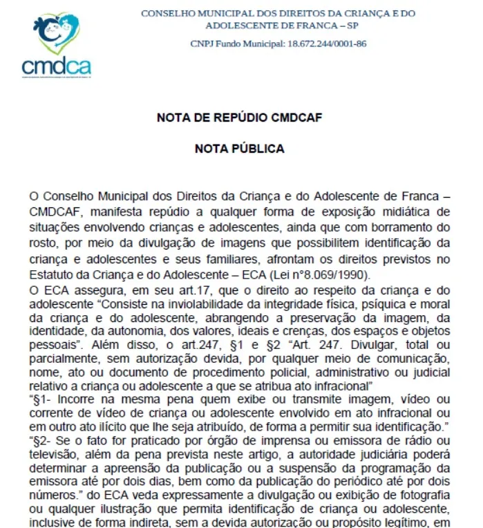 Conselho de Franca repudia exposição midiática de crianças e adolescentes e cita o ECA