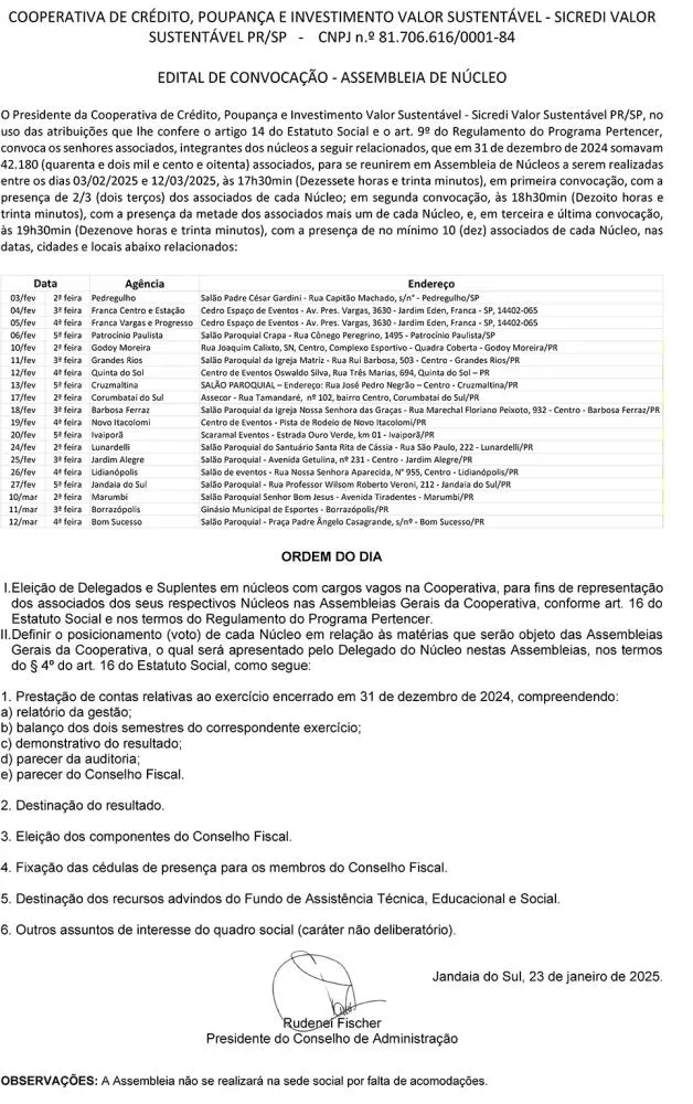 EDITAL DE CONVOCAÇÃO - ASSEMBLEIA DE NÚCLEO