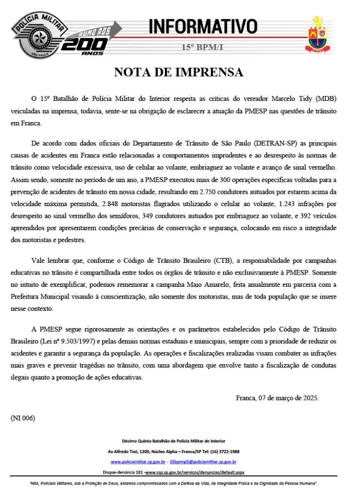 PMESP responde a críticas de Vereador e detalha ações de trânsito em Franca